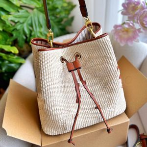 Designer Grass weaving Women Fashion handbags Shoulder Bags Cross Body Clutch Bag Plain Leather String Interior Zipper Pocket Casual Drawstring shoulderbag