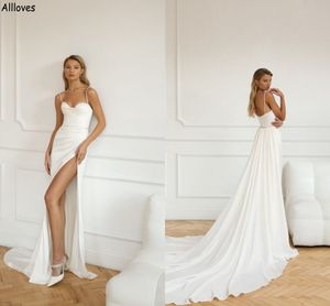 Elegant Simple Satin Mermaid Wedding Dresses With Crystals Belt Spaghetti Straps Beach Bridal Gowns Thigh Side Split Long Court Train Bride Reception Robes CL2477