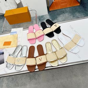 Revival Flat Mule Designer Sandal Sandałowe Kapcie słomkowe haftowane slajdy bawełniane skórzane sandały z pudełkiem