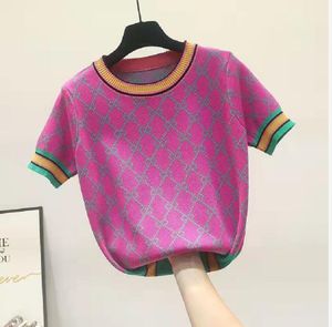 여자 니트 티 럭스 g 편지 다채로운 자카드 꽃 짧은 소매 tshirt 스웨터 탑