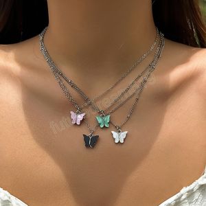 Colar com Pingente de Borboleta Preto/branco/Verde/Rosa para Mulheres Jóias Gargantilha Multicamadas Colar Corrente Presente de Casamento Meninas