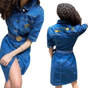 Designer-Denim-Kleider für Damen, lässig, Revers-Ausschnitt, Stickerei-Druck, Midi-Kleid, freies Schiff