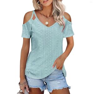 Kvinnors blusar Summer Women's Sexy Fashion V Neck Solid Color Off Shoulder Blus Shirt Hollow Out Borr Casual Loose Short Sleeve Top