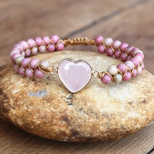Bangle 4mm Rhodonite Pink Crystal Heart Charm Armband Kvinnor Böhmen Yoga String flätad älskare Wrap Armband Handgjorda smycken 230620