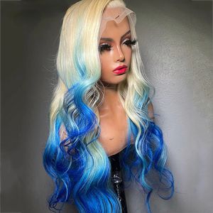 40Inch Brazilian Hair Body Wave Ombre Blue Colored 13x4 Lace Front Purple Drag Queen Glueless Synthetic Cospaly Wigs For Black Womenv