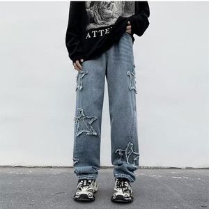 Мужские джинсы 2023, винтажные мужские потертые джинсовые брюки, свободные прямые широкие брюки, весенняя модная повседневная мужская одежда