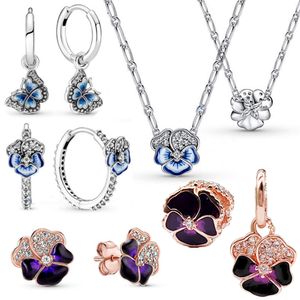 925 Серебряные дизайнерские подвесные ожерелья для женщин Blue Purple Purple Pansy Flower Butterfly Sparkling Charms Diy Fit Pandoras Серьерины браслеты с оригинальной коробкой