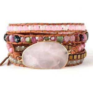 Bangle Native Inspired Beads Leather Bracelet Tourmaline Pink Quartz 5 Strands Woven Wrap Bracelets Bohemian Bracelet Dropship 230620