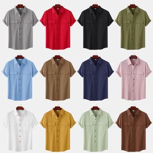 Yaz Katı Gevşek Pamuklu Kısa Kollu Cepli Günlük Gömlekler Erkek Üstleri gömlekler