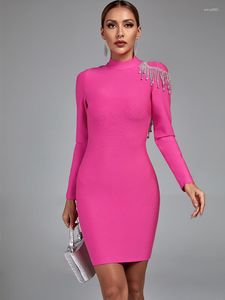 Casual Dresses Crystal Pink Bandage Dress Women Long Sleeve Party Bodycon Elegant Sexy Backless Midi Evening Birthday Club Outfit 2023