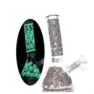 Bongo de copo de vidro comum de 8 polegadas e 14 mm mais barato que brilha no escuro Cachimbos de água assustador Caveira Glassice Catcher Bong para fumar Dab Rigs com tigela de tabaco de haste inferior