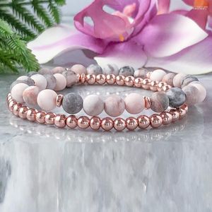 Link-Armbänder MG1061 Rosa Jaspis und 4 mm Hämatit-Perlen-Wickelarmband, zierlicher Boho-Edelstein, Angstlinderung, stapelbar