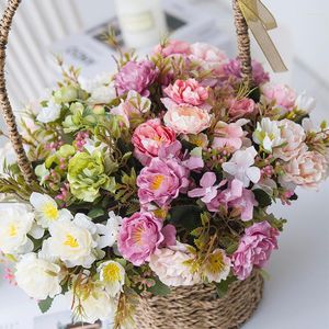 Decorative Flowers Silk Peony Artificial High Quality Pink Rose Hydrangea Vases For Home Decoration Wedding Fake Plants