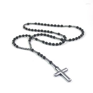 Religious Cross gothic cross pendant with Shiny Matte Agate and Black Gallstone Accents on Long Chain