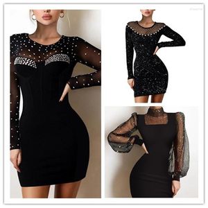 Sukienki swobodne seksowne golarki Bodycon błyszczące jedwabna sukienka mody mody patchwork mini mini rękaw