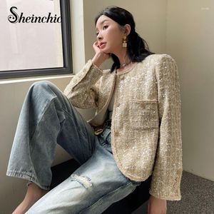 Kvinnorjackor Luxury Sequin Beading Tweed Jacket 2023 Korean Fashion Streetwear Outwears Elegant O-Neck Short Wool Coat Women Brand