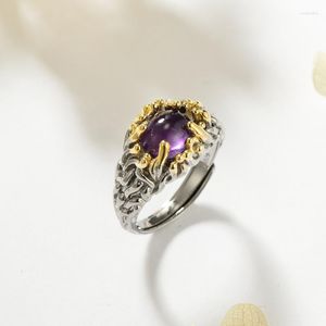 Klusterringar smycken för kvinnor Natural Amethyst Ring 925 Sterling Silver Vintage Fine Justerable Stones Jubileumsgåva