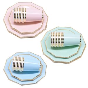 Disposable Take Out Containers 24pcs set Green Pink Blue Paper Plates Cups Tableware Set for Wedding Birthday Party Baby Shower Supplies Gold Decor 230620