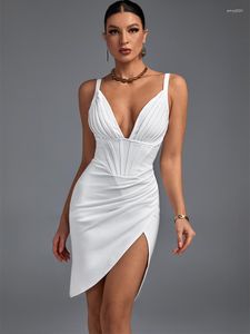 Casual Dresses Draped Bandage Dress White BodyCon Evening Party Elegant Sexig Spaghetti Strap Birthday Club Outfit 2023 Summer Ankomst