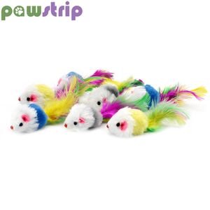 Pawstrip 5 pçs/lotes Brinquedos de gato de rato falso Pena Brinquedo de gato de estimação de pele falsa com som chocalhando Camundongos Brinquedo de provocação interativo