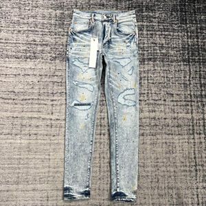 Jeans masculino estilo moda marca feito à mão respingo tinta azul lavado ajuste fino pés pequenos masculino