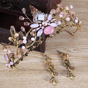 Haarspangen JaneVini Elegante rosa Hochzeit Perlen Tiaras und Kronen Prinzessin Kopfschmuck Braut mit Ohrringen Zubehör