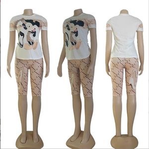 女性のデザイナーサマー夏の新しい綿素材ファッションカジュアル印刷半袖セット女性服