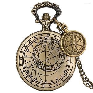 Pocket Watches Bronze Compass Geometry Prague Astronomical Design Quartz Watch Art Drawing Necklace Clock Pendant With Accessory
