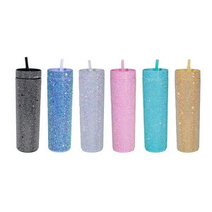 16oz Tumbler Doppelwand Bling Wasserflasche Glitzer Strass Plastikbecher mit Deckel Strohhalm für Home Office Party JN22