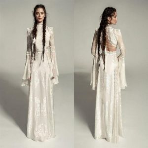 Abito da sposa medievale Meital Zano Great Victoria con maniche a campana Abiti da sposa vintage da regina gotica con collo alto in pizzo all'uncinetto213g