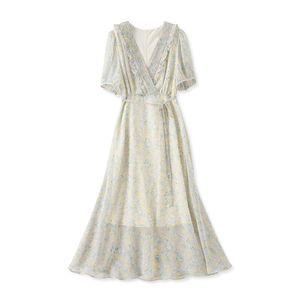 2023 فستان طباعة الأزهار الزرقاء الصيفية قصيرة الأكمام V-Neck Midi Dresses Dresses W3L049813