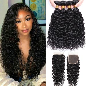 Hair Bulks Brazilian Water Wave Bundles With Clre Wet and Wavy Curly Human 12A Weave 3 Frontal 13X4 230621