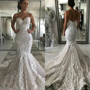 Elegant Mermaid Wedding Dresses 2021 Lace Applique Covered Buttons Back Sweep Train Custom Made Wedding Bridal Gown Vestidos de no313D