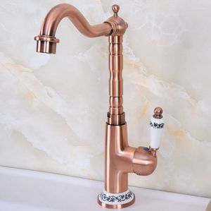 Kitchen Faucets Antique Red Copper One Ceramic Flower Handles Base Bathroom Basin Sink Faucet Mixer Tap Swivel Spout Deck Mounted Mnf625