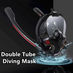 Dykmasker Snorkling Mask Double Tube Silikon Full Torra vuxna simglasögon Själv Innehållen undervattensandning 230621