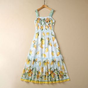 유럽과 미국 여성 의류 2023 여름 뉴 슬링 소매 무거운 구슬 못 박는 패션 주름 드레스 레몬 프린트