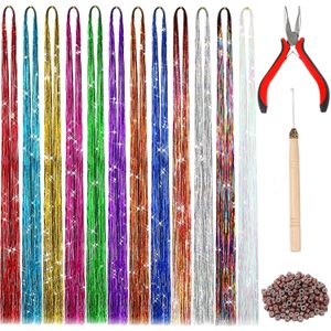 Pedaços de cabelo 20 Cores Fios Brilhantes Glitter Laser False Tinsel Kit String s Hippie Acessórios para Touca Feminina 230621