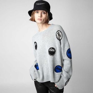 23ss New Zadig Voltaire Designer Sweater Casacos Moda Carta de Malha Bordado Feito à Mão Hooked Cashmere Knitwear Suéter para Mulheres4