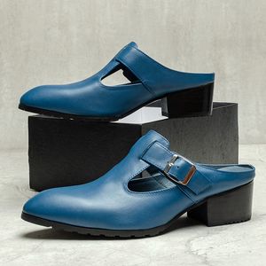 Äkta läder sandaler män mulor tofflor fyrkantiga häl blå sommarskor p25d50
