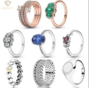 925 srebrne kobiety dopasowane pierścionki pandora oryginalne serce korona moda moda mody pierścienia mody Rabiste blasku potrójne spiralne oświadczenie halo trzy kamienie