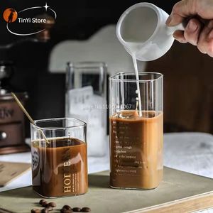 Muggar Square Transparent Creative Letter Glass Coffee Tea Mug Drinks Dessert Breakfast Milk Cup Handle Drinkware 230621