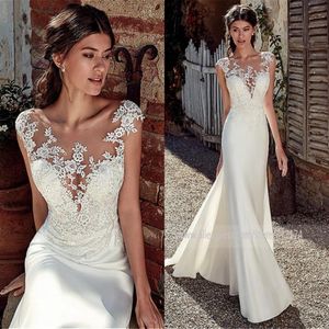 2022 Modest Soft Satin Scoop Mermaid Wedding Dresses With Lace Appliques Sheer Bridal Dress Illusion Back robe de mariee206K