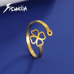 Fishhook Four Leaf Clover Rostfritt stål Par Ring Justerbar silverfärg Supernatural Fashion Gift for Man Woman Jewelry