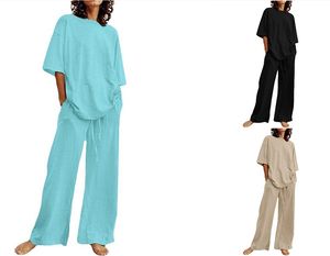 Lässiges 2-teiliges Damen-Set aus Baumwollleinen, halbärmeliges Oberteil mit O-Ausschnitt, T-Shirt, Bluse und Hose mit weitem Bein und Taschenanzügen