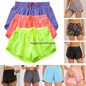 Lu Luxury Sports Shorts Shorts femininos de yoga de grife Calças de ginástica estampadas com tecido antirreflexo de secagem rápida Bolsos com zíper solto Shorts de corrida Calças de tênis fluorescentes