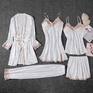 Women's Sleep Lounge 5PC Silk Robe Sleep Suit Womens Lace Satin Pajamas Gown Set V-Neck Nighties Wear Pijama Home Nightwear Spring Nightdress