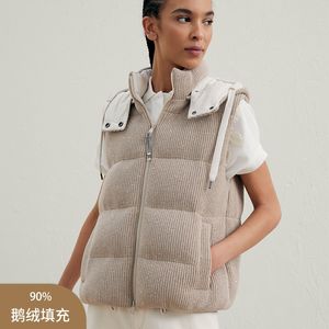 Women Vest Coats Brunello Solid Color Beige Hooded Leisure Cucinelli Knitted Down Vest