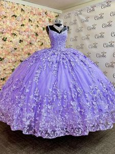 Elegant Lilac Lace Quinceanera Gown with Butterfly Details and Corset Back, Spaghetti Strap Floor-Length Princess Dress for Sweet 16