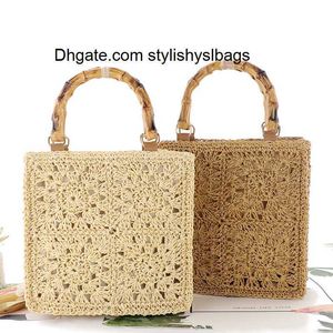 Evening Bags Bamboo Handle Portable Straw Woven Bag Paper Rope Hook Flower Fashion Women's Bag Small Fresh Leisure Woven Bag Beach Bag