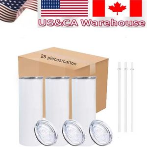 US /CA Local Warehouse Sublimation Blanks Mugs 20oz Stainless Steel Straight Tumblers White Tumbler with Lids and Straw Heat Transfer Cups Water Bottles 25pcs/carton